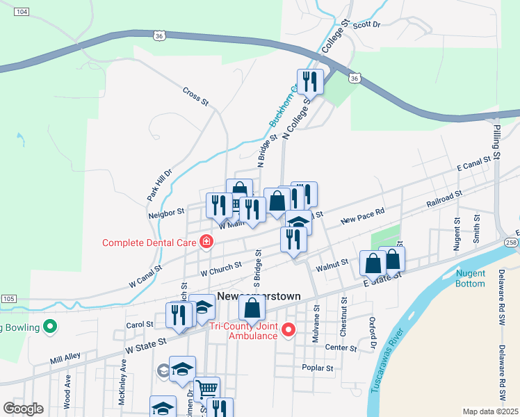 map of restaurants, bars, coffee shops, grocery stores, and more near 201 North Bridge Street in Newcomerstown