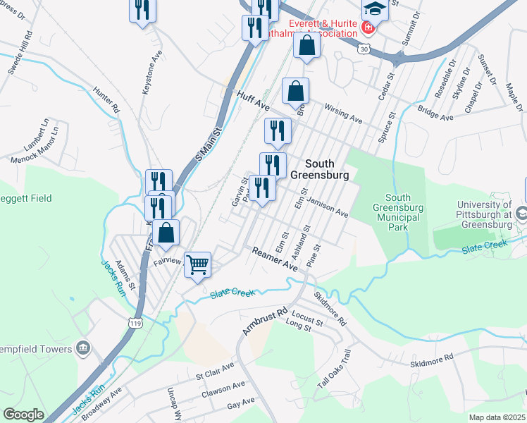 map of restaurants, bars, coffee shops, grocery stores, and more near 309 Coulter Avenue in Greensburg
