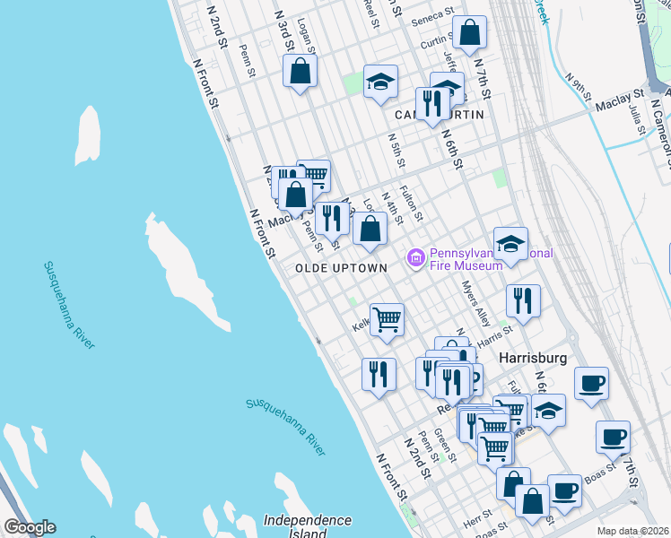 map of restaurants, bars, coffee shops, grocery stores, and more near 1929 Penn Street in Harrisburg