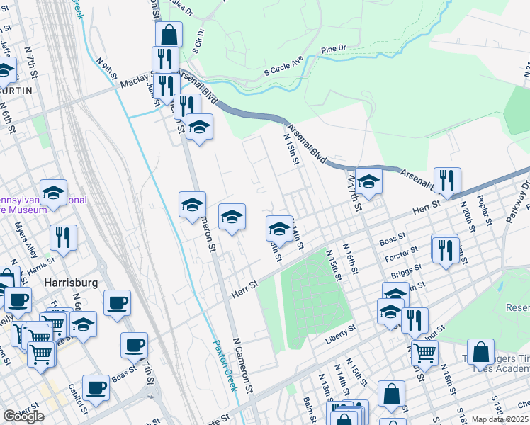 map of restaurants, bars, coffee shops, grocery stores, and more near 24 Bigelow Court in Harrisburg