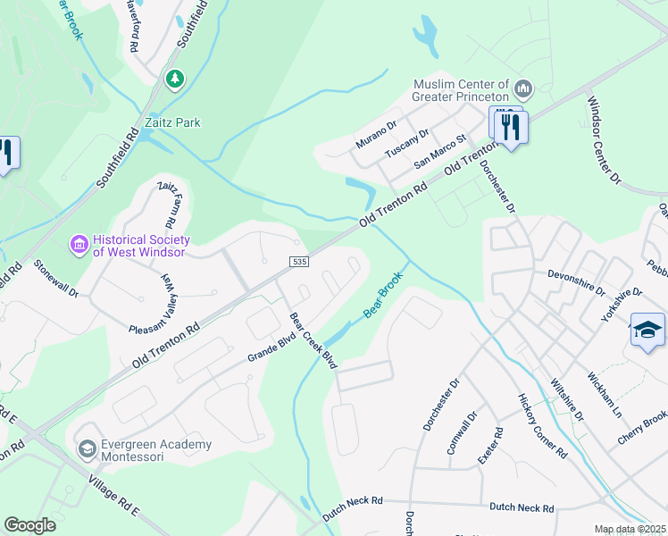 map of restaurants, bars, coffee shops, grocery stores, and more near 10 Mistflower Lane in West Windsor Township