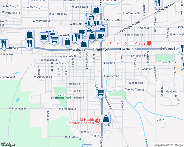 map of restaurants, bars, coffee shops, grocery stores, and more near 552 South Main Street in Frankfort