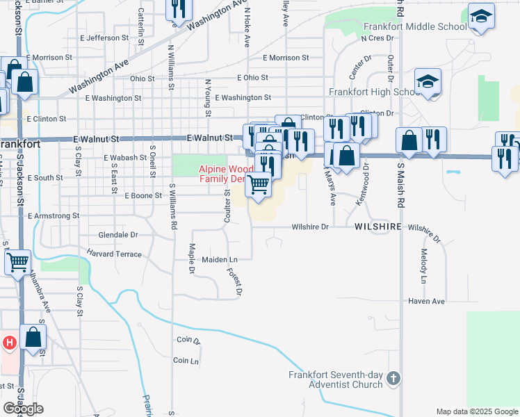 map of restaurants, bars, coffee shops, grocery stores, and more near 1451 East Wabash Street in Frankfort