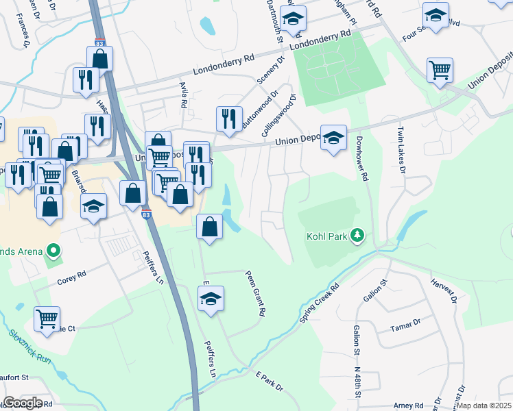 map of restaurants, bars, coffee shops, grocery stores, and more near 1073 Acri Drive in Harrisburg