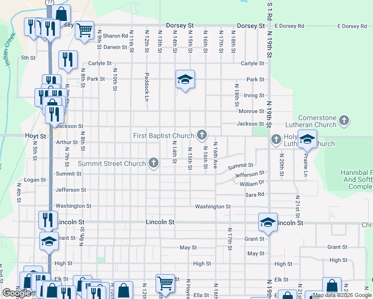 map of restaurants, bars, coffee shops, grocery stores, and more near 1017 North 15th Street in Beatrice