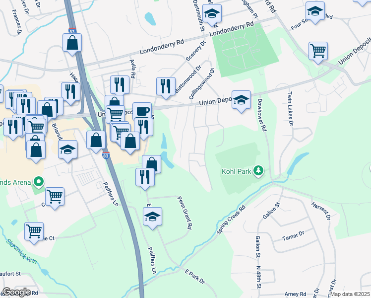 map of restaurants, bars, coffee shops, grocery stores, and more near 1073 Acri Drive in Harrisburg
