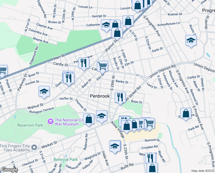 map of restaurants, bars, coffee shops, grocery stores, and more near 2734 Butler Street in Harrisburg