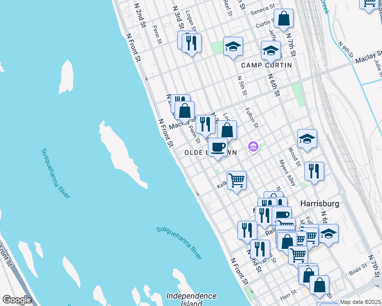 map of restaurants, bars, coffee shops, grocery stores, and more near 100 Peffer Street in Harrisburg