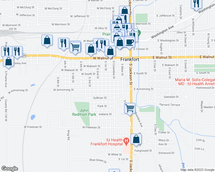 map of restaurants, bars, coffee shops, grocery stores, and more near 551 South 1st Street in Frankfort