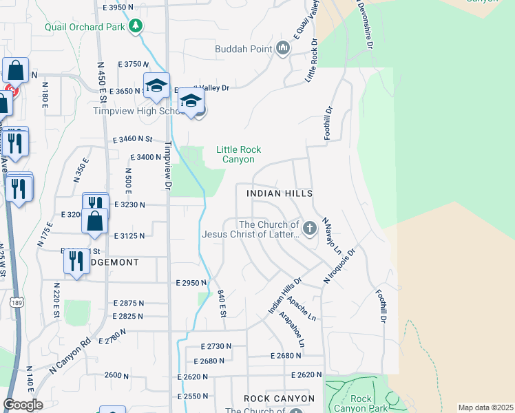 map of restaurants, bars, coffee shops, grocery stores, and more near 3202 Cherokee Lane in Provo