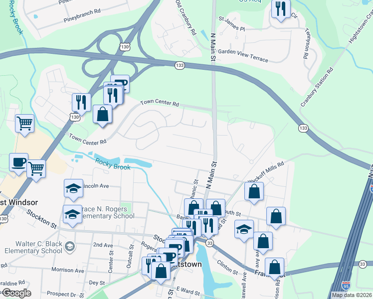 map of restaurants, bars, coffee shops, grocery stores, and more near 218 Sunset Avenue in Hightstown