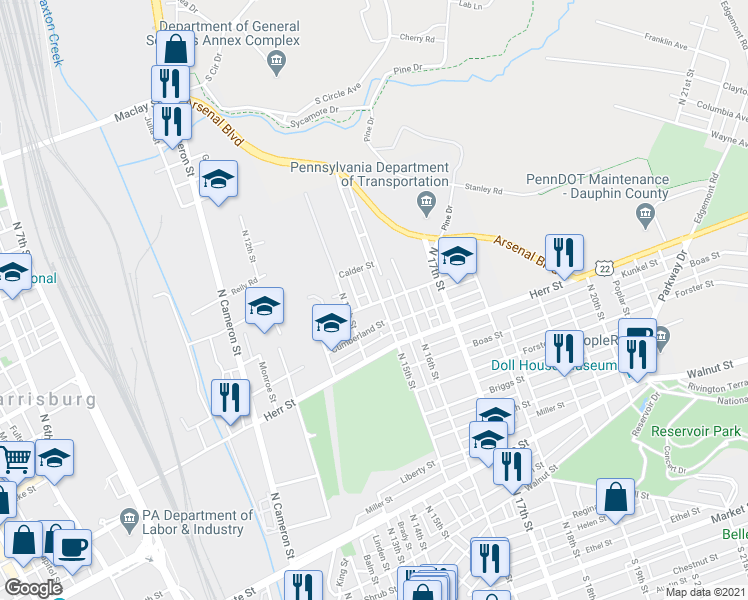 map of restaurants, bars, coffee shops, grocery stores, and more near 1300 N 15th St in Harrisburg