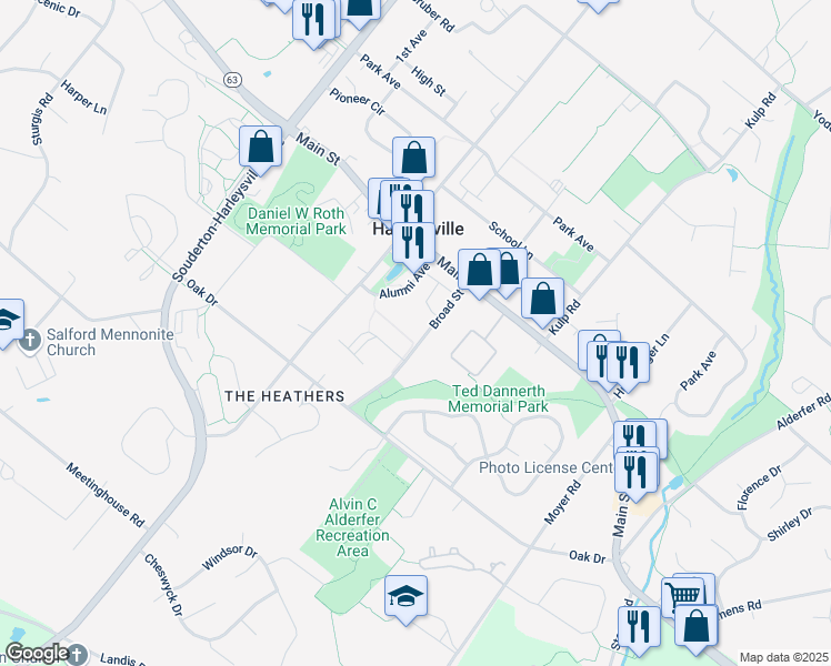 map of restaurants, bars, coffee shops, grocery stores, and more near 335 Broad Street in Harleysville