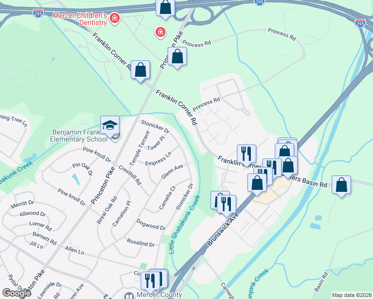 map of restaurants, bars, coffee shops, grocery stores, and more near 26 Stonicker Dr in Lawrence Township