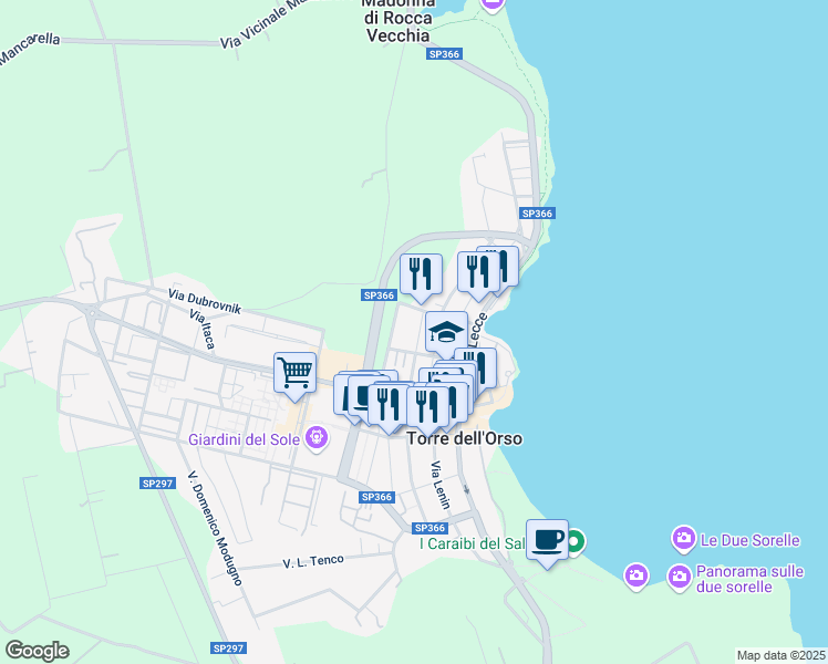 map of restaurants, bars, coffee shops, grocery stores, and more near 38 Via Palmiro Togliatti in Torre dell'Orso