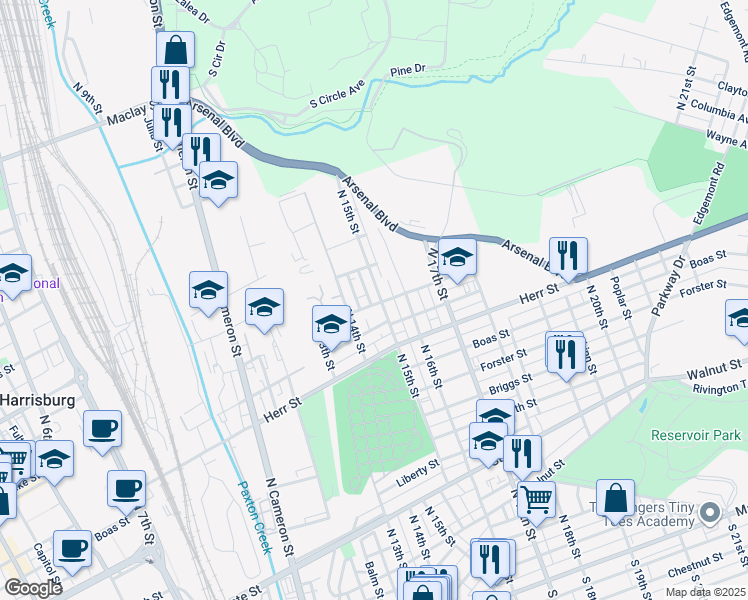 map of restaurants, bars, coffee shops, grocery stores, and more near 1300 N 15th St in Harrisburg