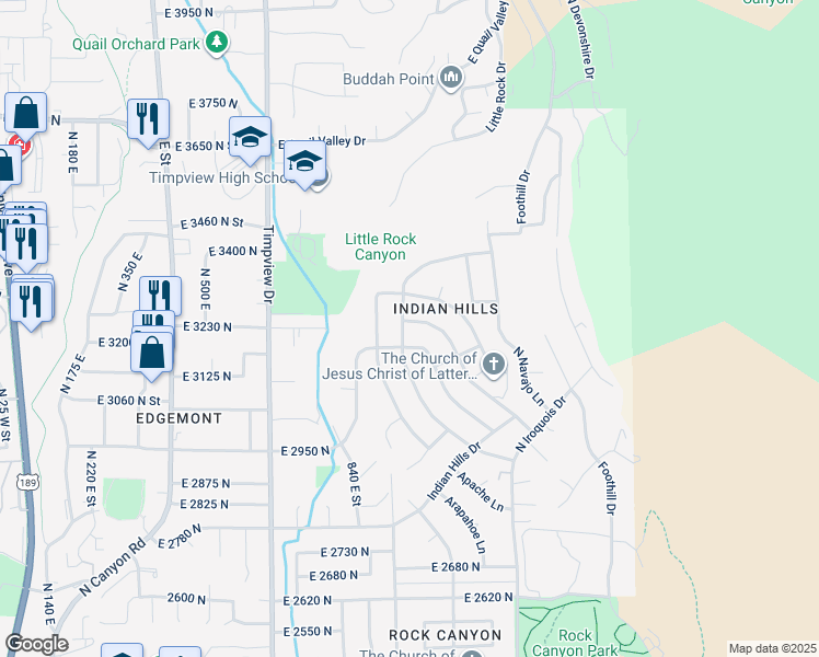 map of restaurants, bars, coffee shops, grocery stores, and more near 3202 Cherokee Lane in Provo