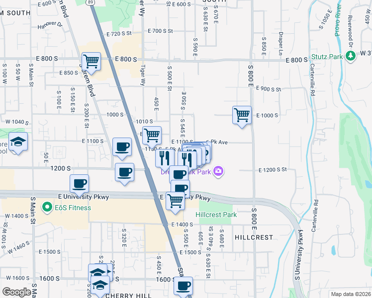 map of restaurants, bars, coffee shops, grocery stores, and more near 1115 South 500 East in Orem