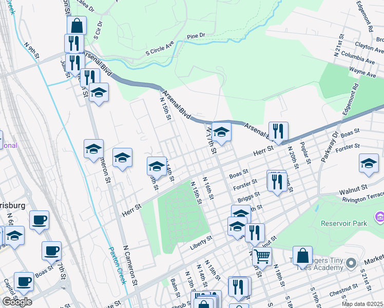 map of restaurants, bars, coffee shops, grocery stores, and more near 1220 North 16th Street in Harrisburg