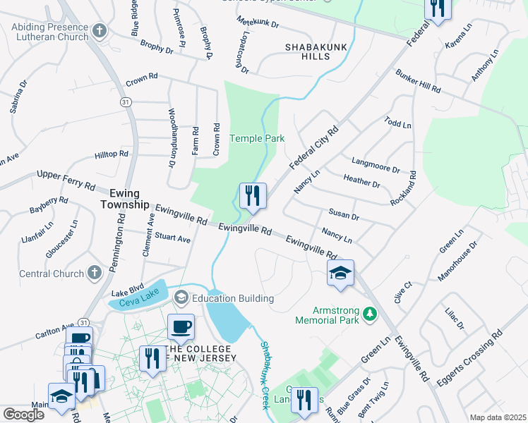 map of restaurants, bars, coffee shops, grocery stores, and more near 8 Federal City Road in Ewing Township