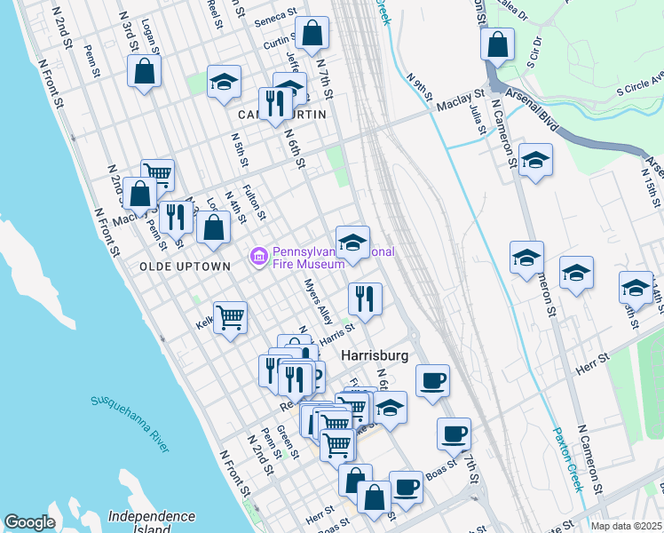 map of restaurants, bars, coffee shops, grocery stores, and more near 1728 North 6th Street in Harrisburg