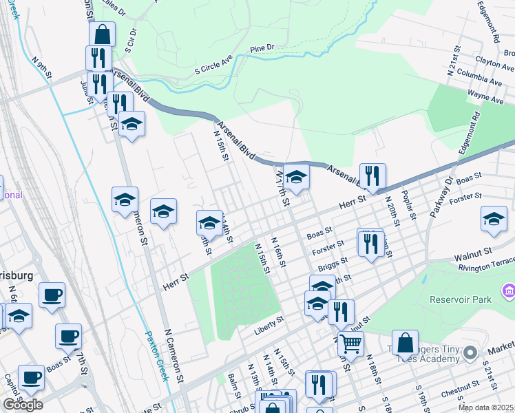 map of restaurants, bars, coffee shops, grocery stores, and more near 1220 North 16th Street in Harrisburg