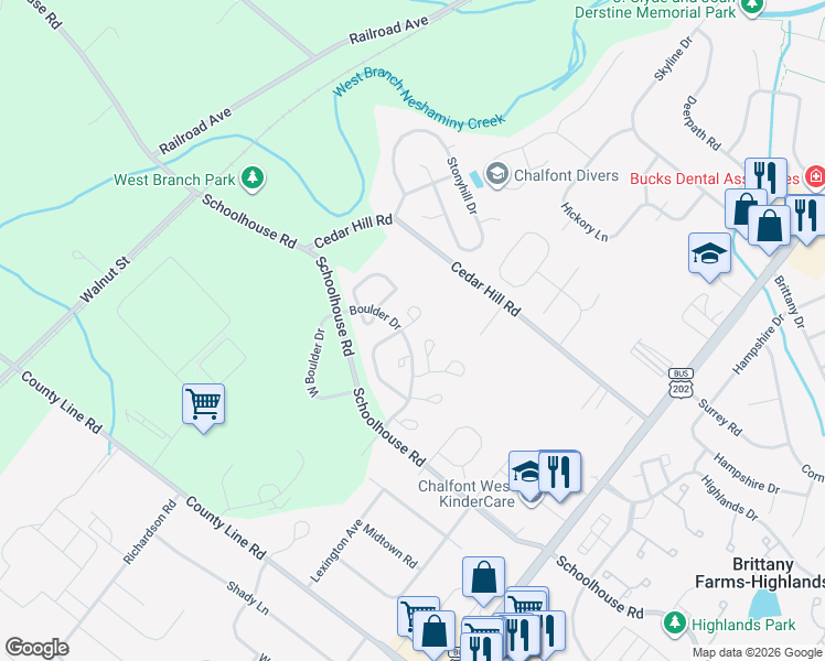 map of restaurants, bars, coffee shops, grocery stores, and more near 502 Windsor Court in Chalfont
