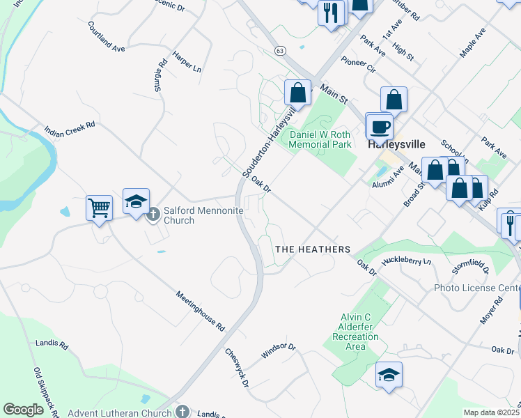 map of restaurants, bars, coffee shops, grocery stores, and more near 560 Oak Drive in Harleysville