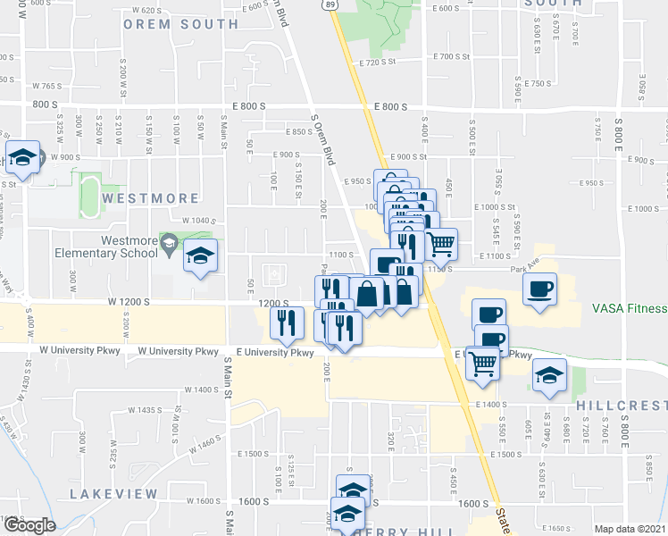map of restaurants, bars, coffee shops, grocery stores, and more near 215 1135 South in Orem