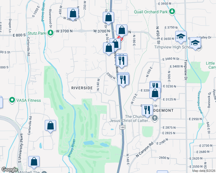 map of restaurants, bars, coffee shops, grocery stores, and more near 111 West Candlewood Place in Provo