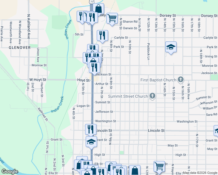 map of restaurants, bars, coffee shops, grocery stores, and more near 1015 North 8th Street in Beatrice