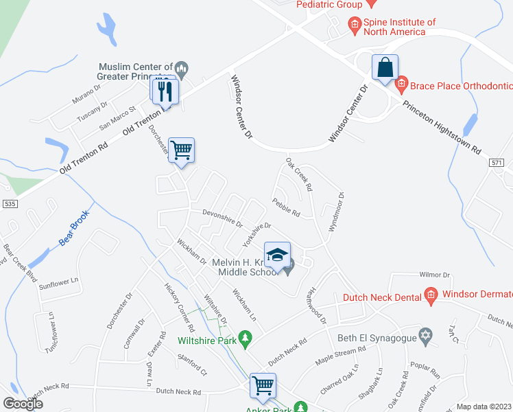 map of restaurants, bars, coffee shops, grocery stores, and more near 33 Princeton Arms East in East Windsor