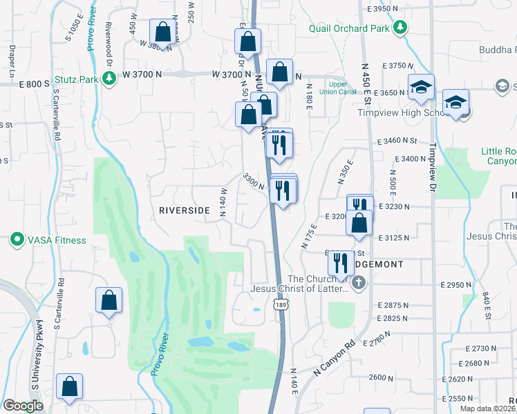 map of restaurants, bars, coffee shops, grocery stores, and more near 3257 North Shadowbrook Circle in Provo