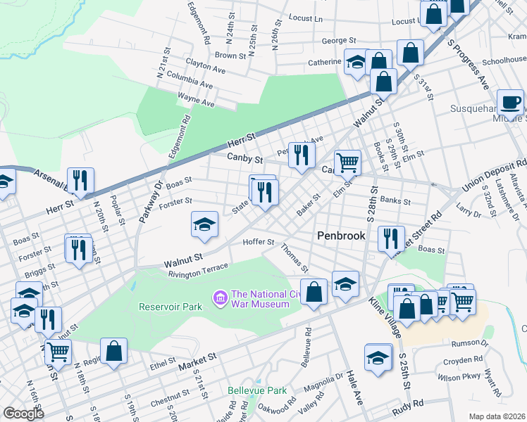 map of restaurants, bars, coffee shops, grocery stores, and more near 2332 Walnut Street in Harrisburg