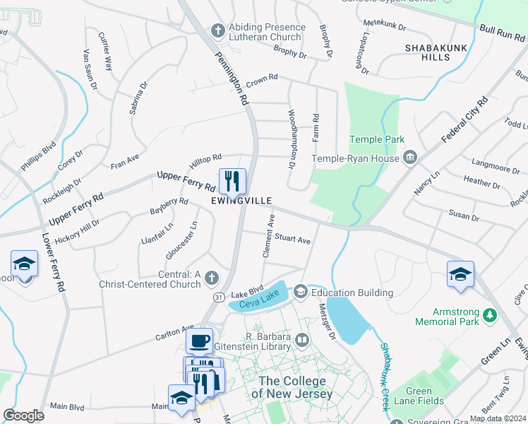 map of restaurants, bars, coffee shops, grocery stores, and more near 515 Ewingville Road in Ewing Township