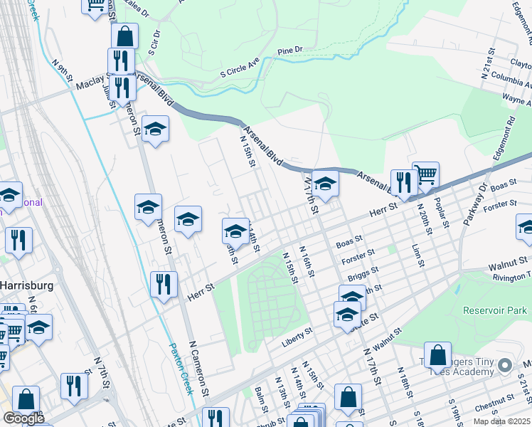 map of restaurants, bars, coffee shops, grocery stores, and more near 1302 North 15th Street in Harrisburg