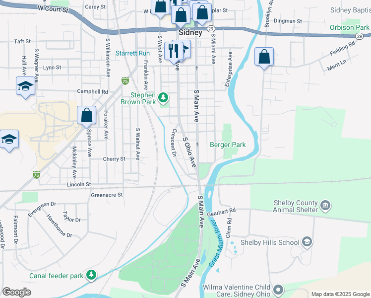 map of restaurants, bars, coffee shops, grocery stores, and more near 835 South Ohio Avenue in Sidney
