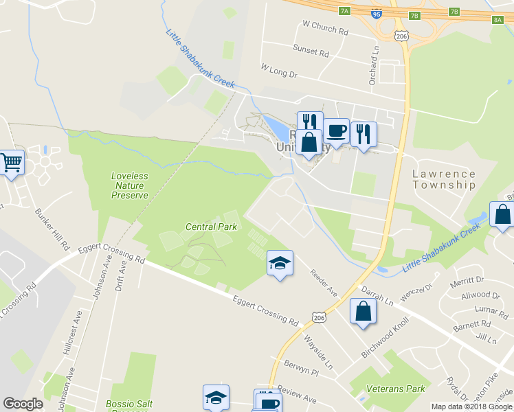 map of restaurants, bars, coffee shops, grocery stores, and more near 501 White Pine Circle in Lawrence Township