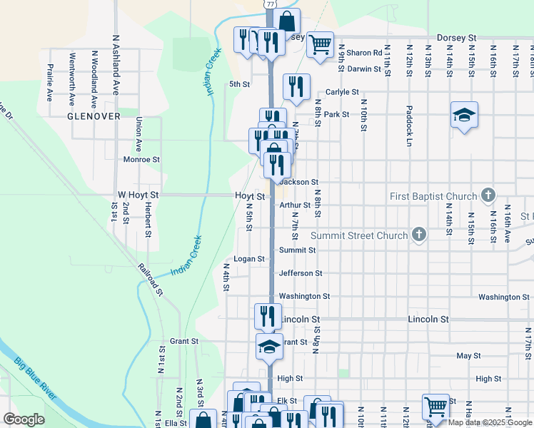 map of restaurants, bars, coffee shops, grocery stores, and more near 1015 North 6th Street in Beatrice
