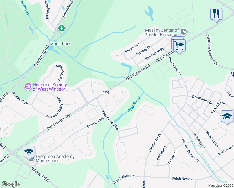 map of restaurants, bars, coffee shops, grocery stores, and more near 10 Mistflower Lane in West Windsor Township