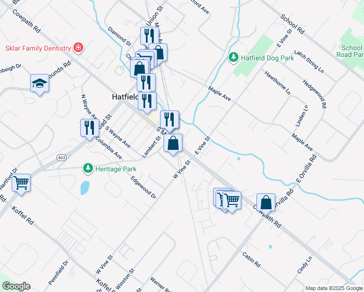 map of restaurants, bars, coffee shops, grocery stores, and more near 439 South Main Street in Hatfield