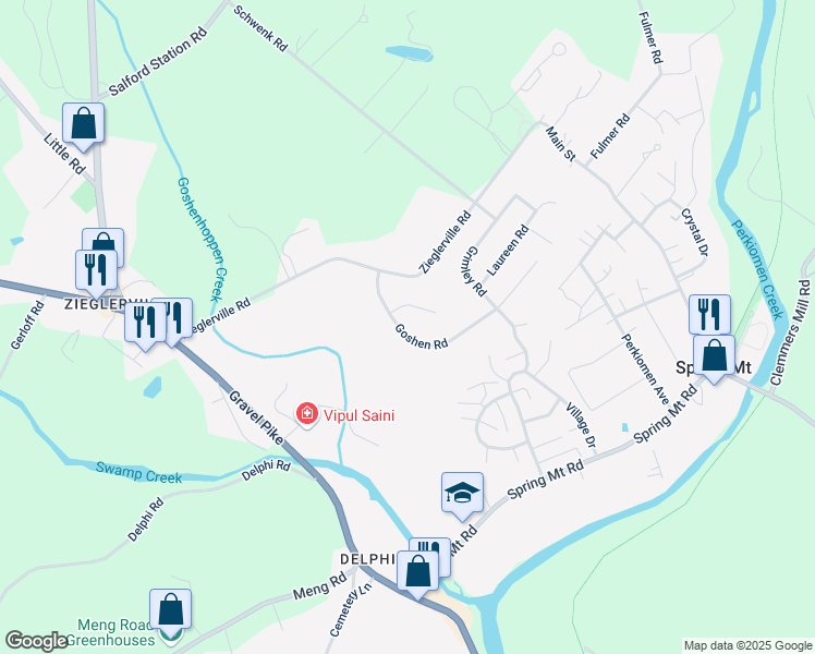 map of restaurants, bars, coffee shops, grocery stores, and more near 130 Goshen Road in Schwenksville