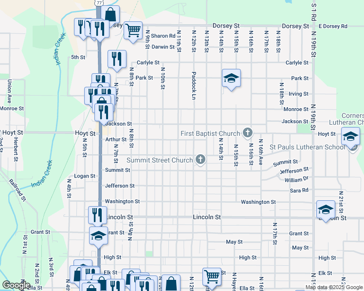 map of restaurants, bars, coffee shops, grocery stores, and more near 1014 North 11th Street in Beatrice