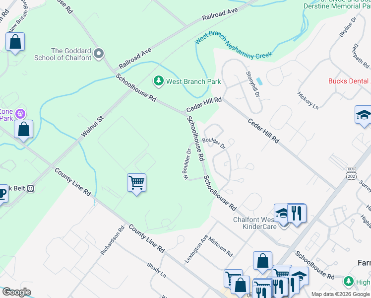 map of restaurants, bars, coffee shops, grocery stores, and more near 357 Boulder Drive in Chalfont