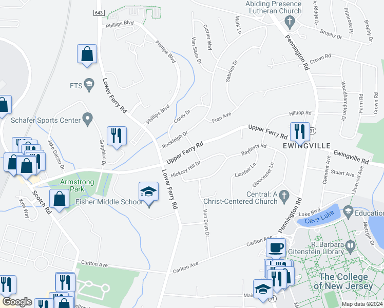 map of restaurants, bars, coffee shops, grocery stores, and more near 113 Upper Ferry Road in Ewing Township