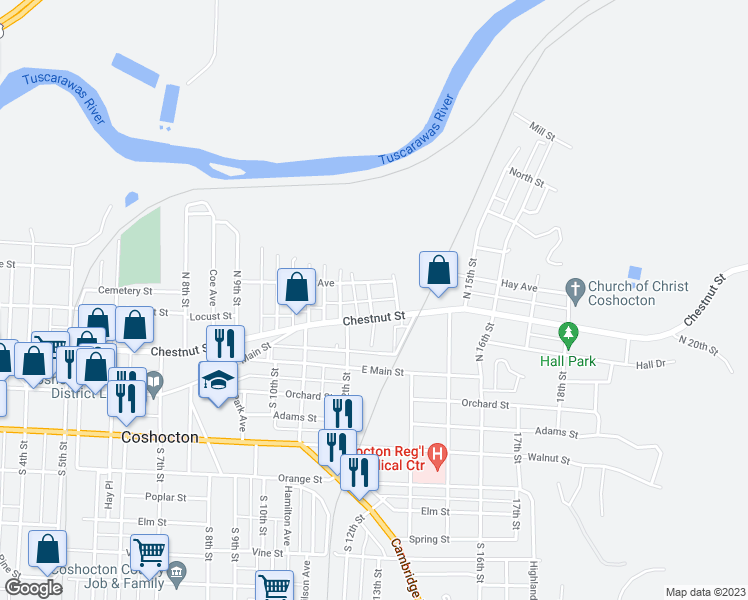 map of restaurants, bars, coffee shops, grocery stores, and more near 324 North 13th Street in Coshocton