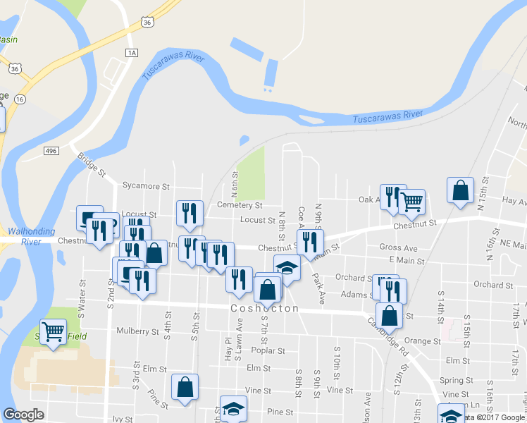 map of restaurants, bars, coffee shops, grocery stores, and more near 650 Locust Street in Coshocton