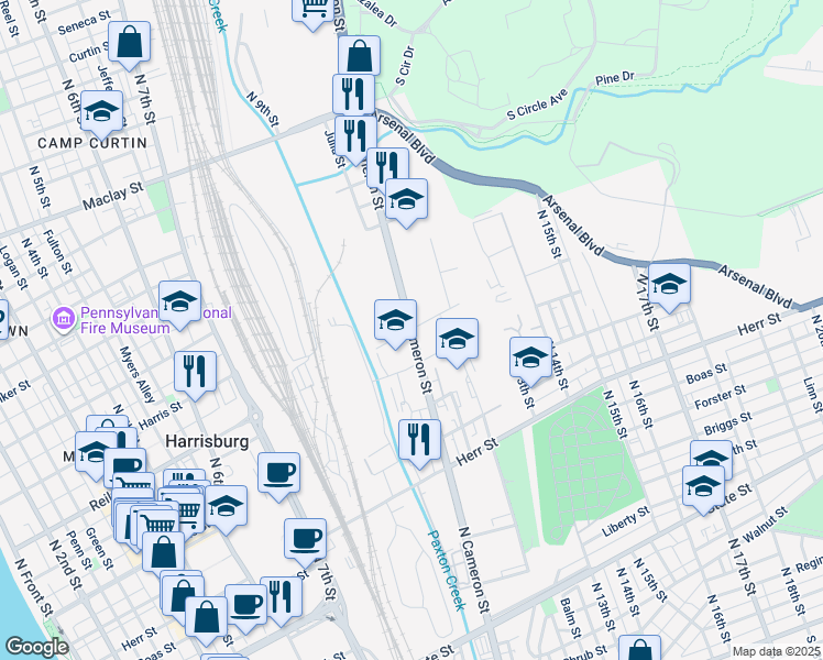 map of restaurants, bars, coffee shops, grocery stores, and more near North Cameron Street in Harrisburg