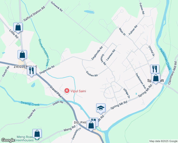 map of restaurants, bars, coffee shops, grocery stores, and more near 130 Goshen Road in Schwenksville