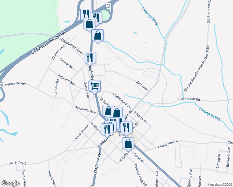 map of restaurants, bars, coffee shops, grocery stores, and more near 229 Maplewood Drive in Cadiz